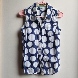 Boden Sleeveless Navy and White Polka Dot Shirt